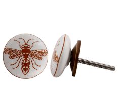 White Brown Bee Flat Ceramic Knob